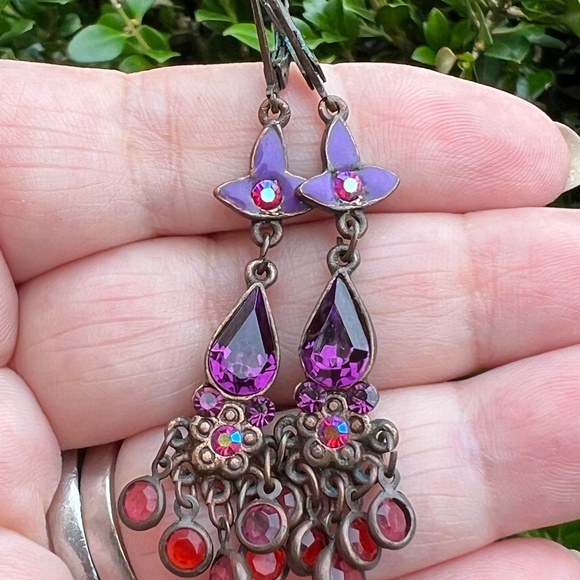 VINTAGE MICHAL NEGRIN ENAMEL PURPLE RED RHINESTONES DROP DANGLE EARRINGS UNIQUE - Picture 1 of 16